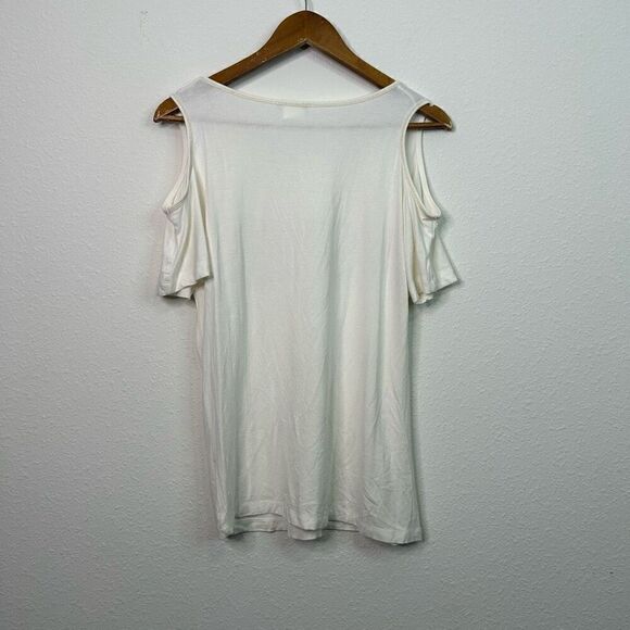 Dolcezza Sequin Logo Scoop Neck Cold Shoulder Top Size Small - Picture 6 of 11